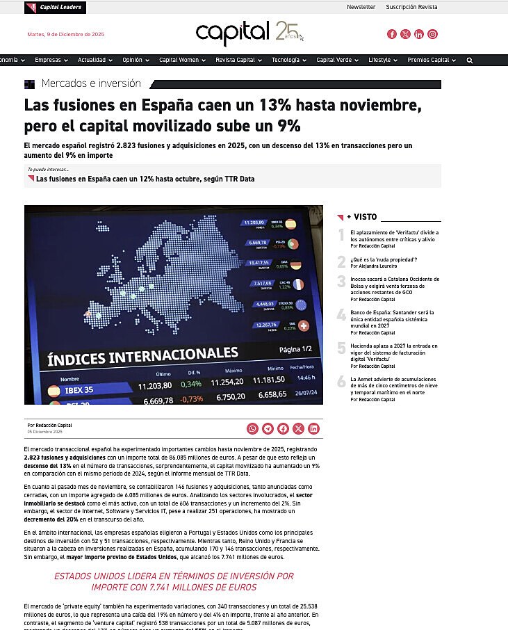 Las fusiones en Espaa caen un 13% hasta noviembre, pero el capital movilizado sube un 9%